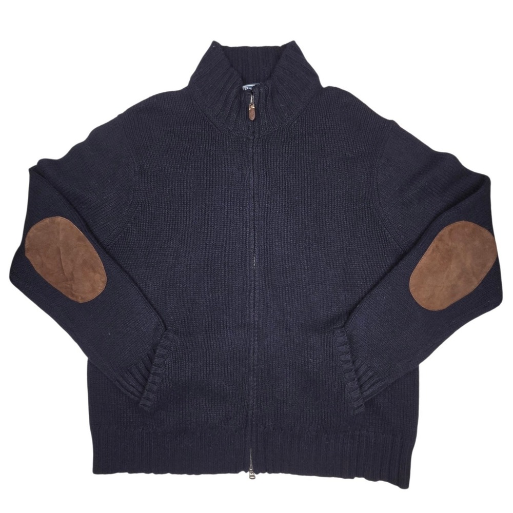 Vintage Polo Ralph Lauren Zip Sweater Cardigan XXL Navy Blue Elbow Patch Chunky